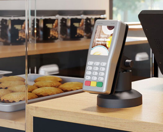 Payment terminal stand mounted to cafe countertop