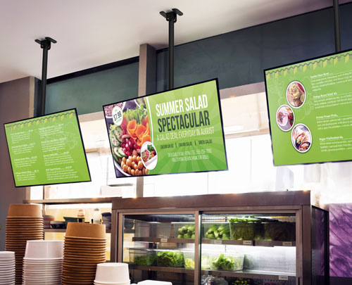 Ceiling TV mounts displaying food menu's Ceiling TV mounts displaying food menu's